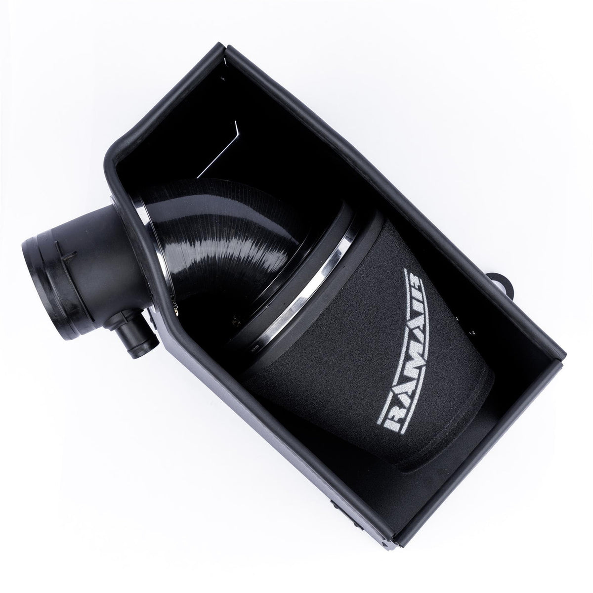 Ramair cone air filter induction kit installed in Audi RS3 8V TTRS 2.5 TFSI engine for improved airflow and performance.