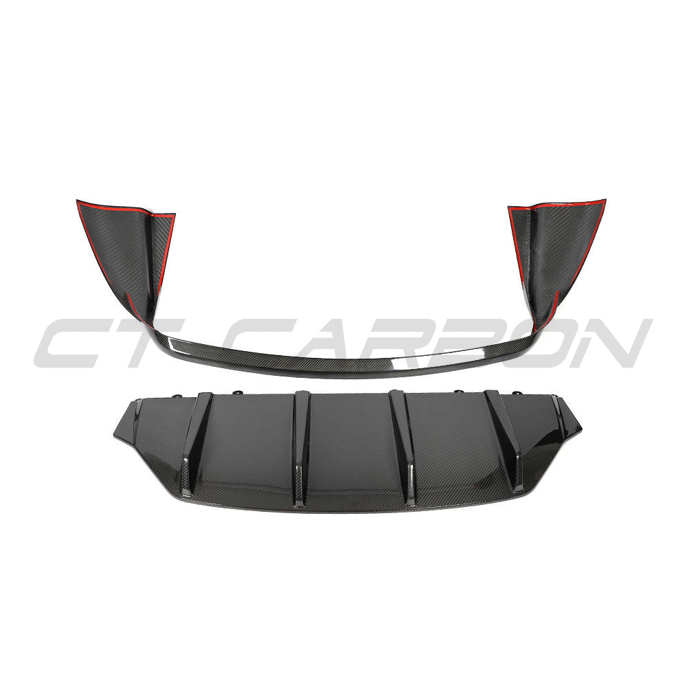 CT Carbon Porsche Taycan 2020-2024 carbon fibre diffuser showing sleek aerodynamic design and textured carbon fiber finish.