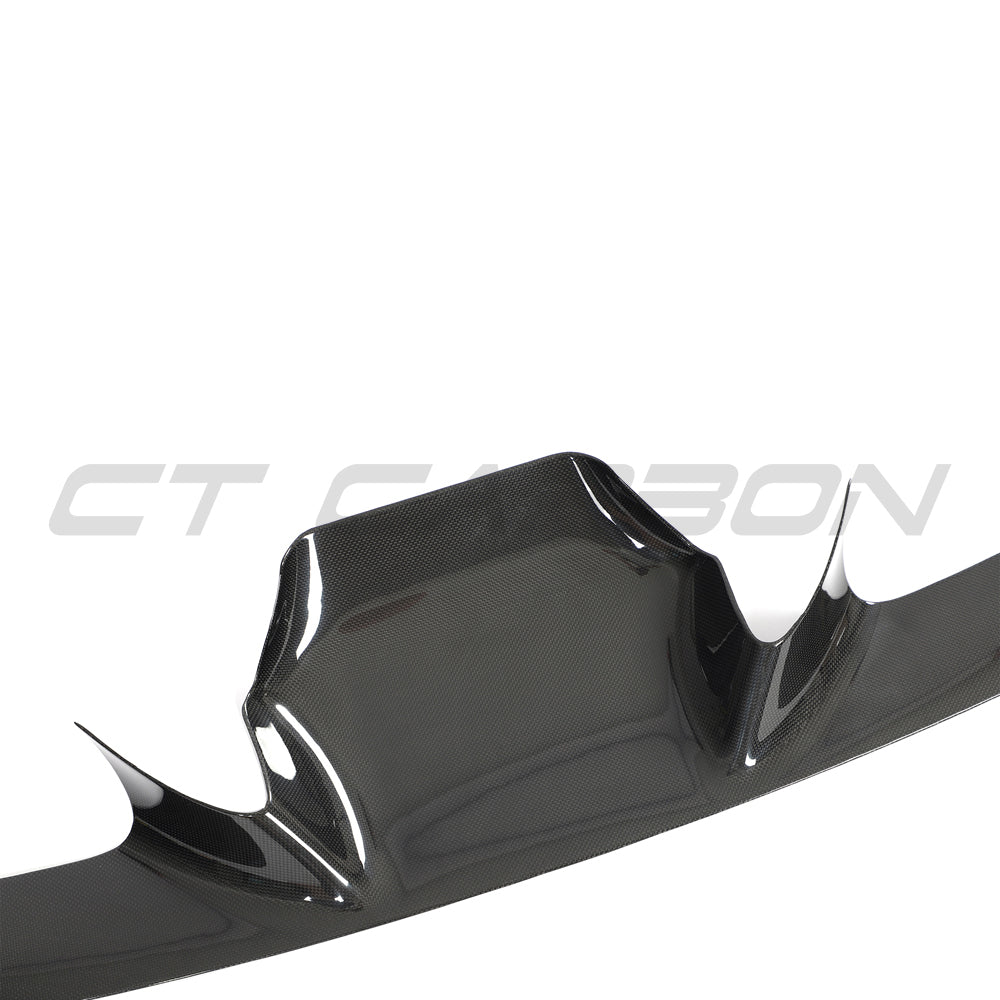 CT Carbon Ferrari F8 2019-2023 front bumper carbon fiber splitter trim, close-up view of sleek automotive enhancement.