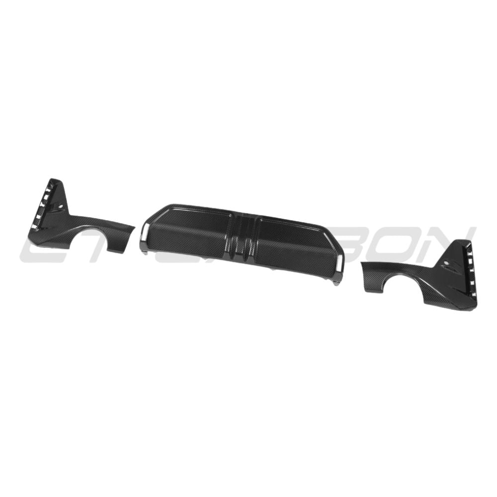 BMW 3 Series G20/G21 2022+ LCI carbon fibre diffuser with round tips by CT Carbon, showcasing sleek aerodynamic design.