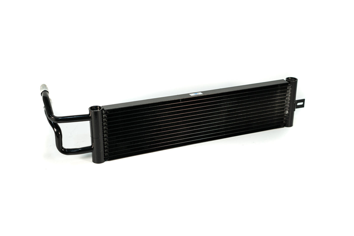 CSF Race-Spec Dual-Pass DCT Cooler for BMW M2 showing the aluminum transmission cooler with hoses and fittings.