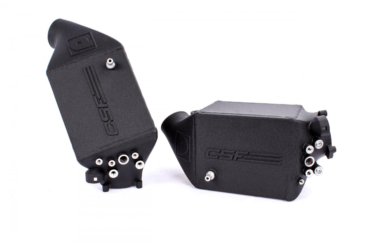 CSF BMW M5 F10 twin charge air cooler set with dual intercoolers, featuring aluminum construction and finned design for improved cooling.