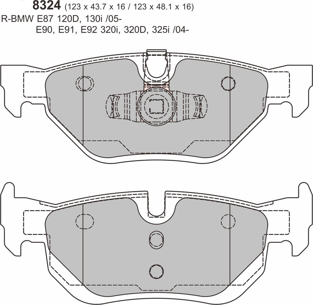 BMW 3 Series E92/E93 325 rear brake pads by PBS, performance brake pads with part number 8324, shown installed on vehicle.