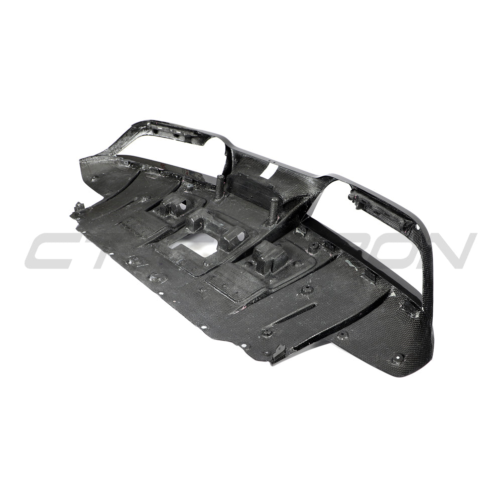 CT Carbon Ferrari F8 2019-2023 carbon fiber diffuser showing sleek aerodynamic design and textured finish.