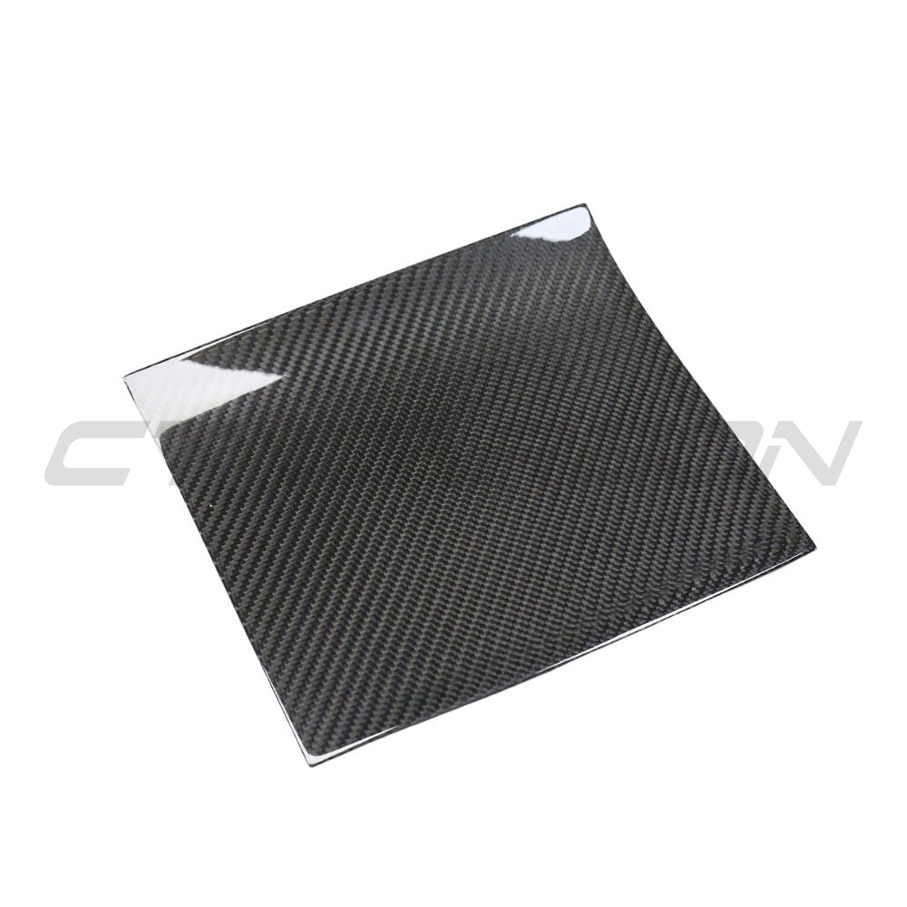 CT Carbon carbon fiber center console add-on for Tesla Model 3 2017-2023, close-up view of sleek, textured interior accessory.