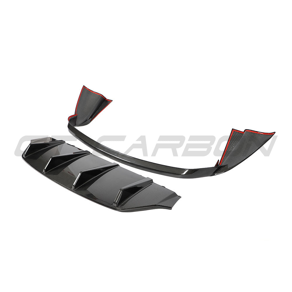 CT Carbon Porsche Taycan 2020-2024 carbon fibre diffuser showing sleek aerodynamic design and textured carbon fibre surface.