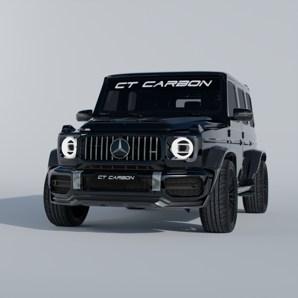 Full view of the CT Carbon Mercedes-Benz G63 W463 wide arch kit in carbon fibre, showcasing the detailed aerodynamic design.