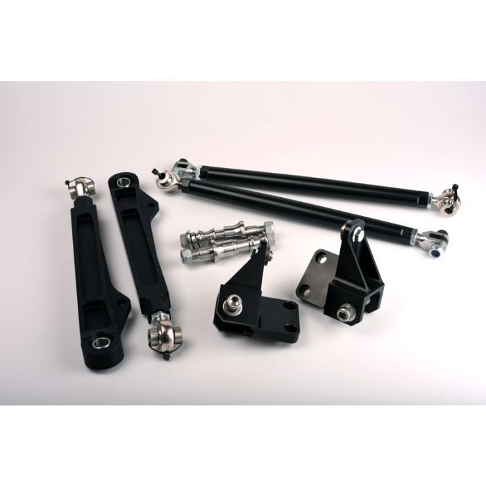 Millway Motorsport DTM front control arms for E46 M3, showcasing the sturdy lower control arms with detailed metal construction.