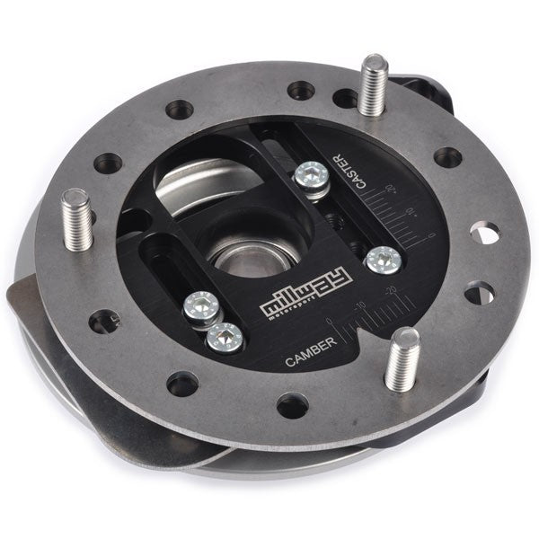Millway Motorsport adjustable camber plates for E9X M3 and E82 1M suspension top mounts, shown with mounting hardware and rubber bushings.