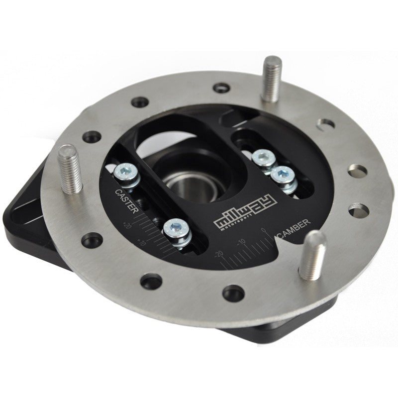 Millway Motorsport adjustable camber plates for E8X and E9X 1 and 3 Series suspension top mounts, shown with mounting hardware.