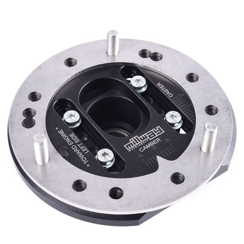 Millway Motorsport adjustable camber plates with 60mm spring plates for E46 M3 suspension top mounts, showing the mounting hardware and components.