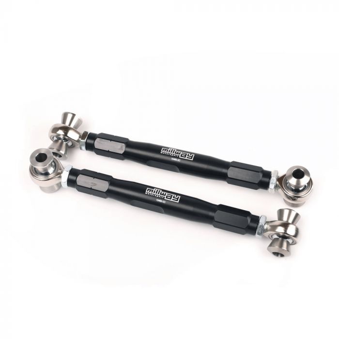 Millway Motorsport adjustable rear camber links for E9X M3 and E82 1M suspension, showing metal linkage components.
