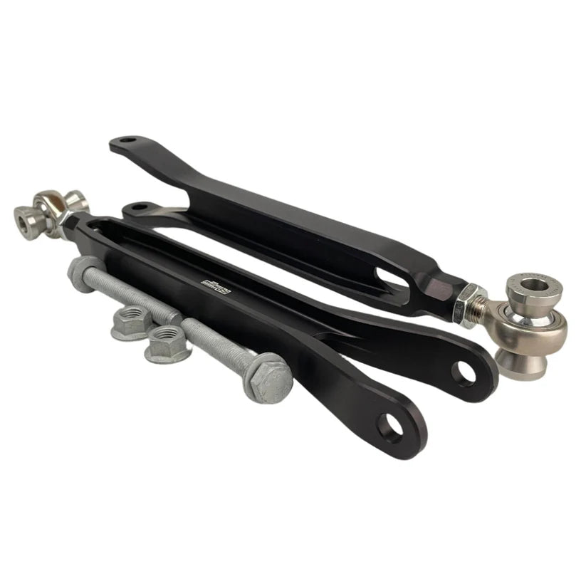 Millway Motorsport adjustable rear trailing arms for F2X/F3X 1/2/3/4 Series suspension linkage, shown in black with mounting points