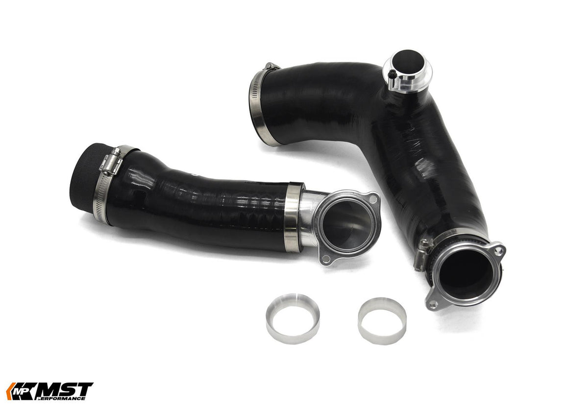 MST Performance turbo inlet induction kit for BMW 3.0 S55 M2 M3 M4 Competition, showing polished aluminum components and hoses.