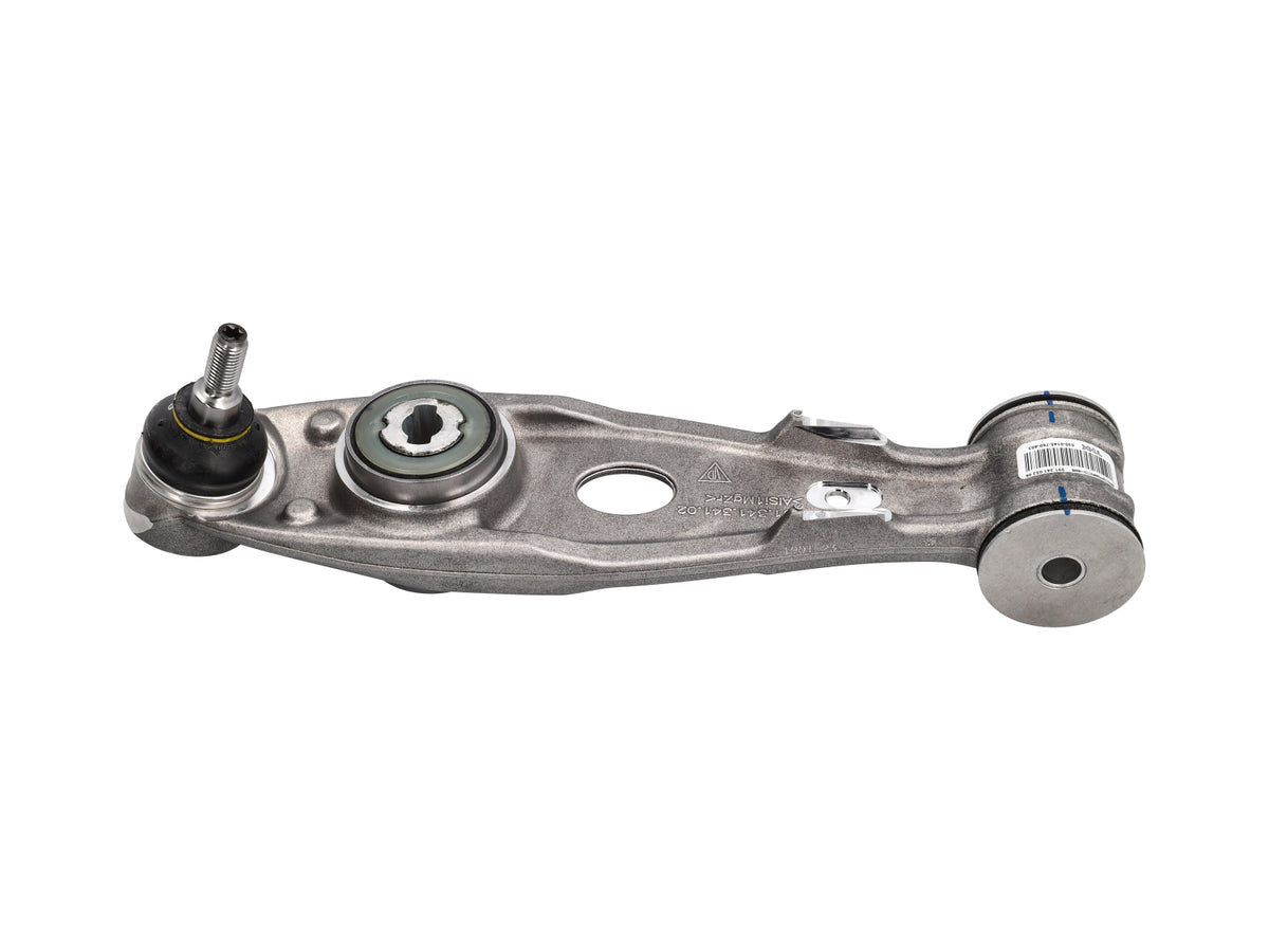 Genuine Porsche front lower control arm for Porsche 997 GT3 RS, showing the metal component with mounting points and bushings.