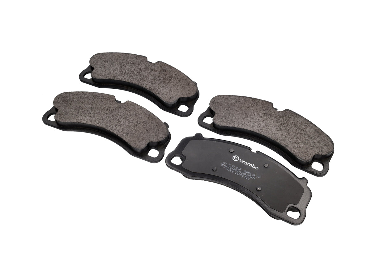 Brembo front brake pads for Porsche 981, 718, 991, 992 GT steel brakes, showing the brake pad components and branding.