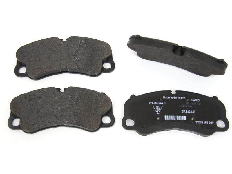 Genuine Porsche front PCCB brake pads for Porsche 991 GT3 and RS models, showing the high-performance brake pad set.