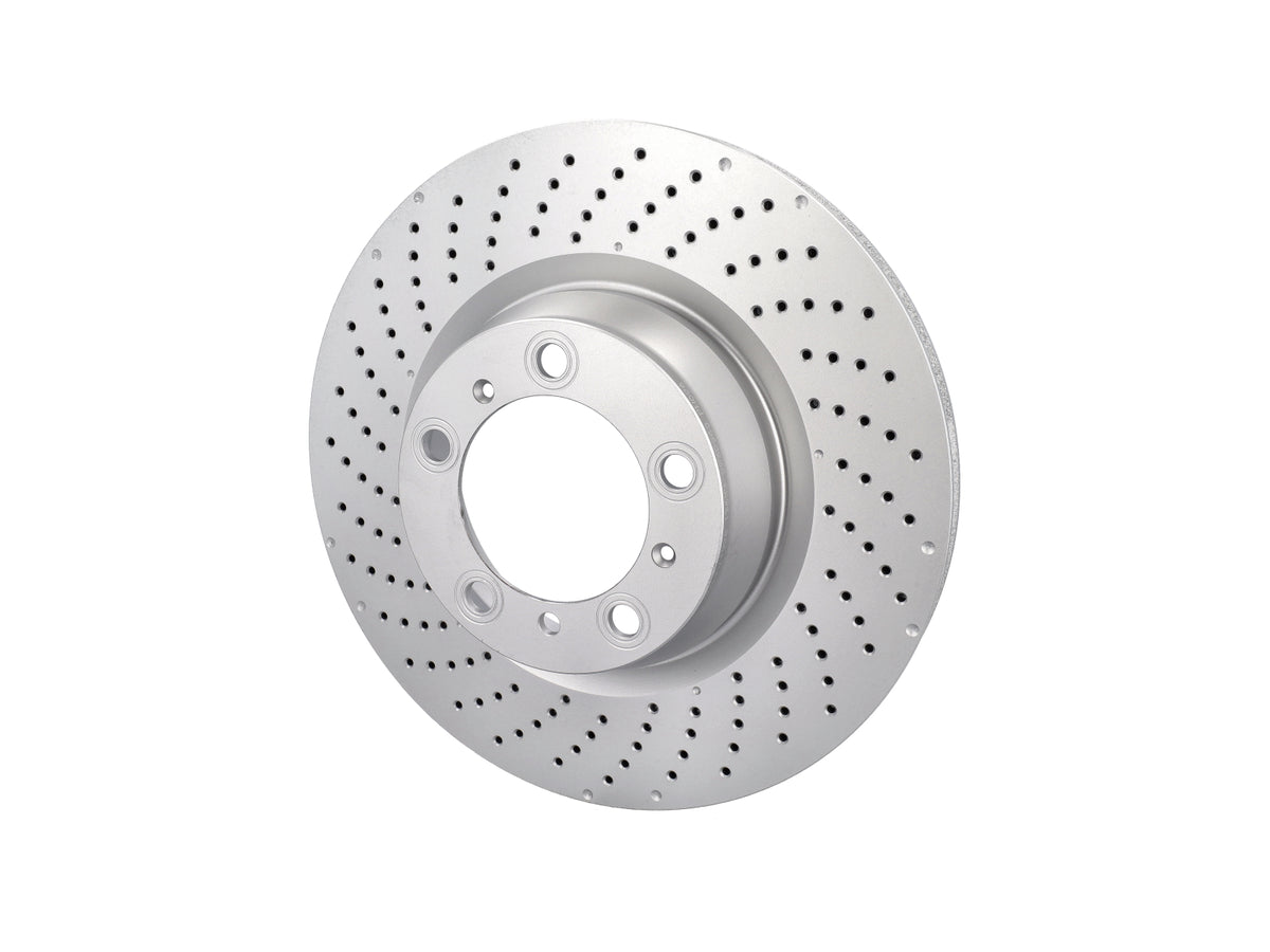 ABS rear brake discs for Porsche 997 GT3, 350x28mm, ventilated brake discs with cooling vents and metallic finish.