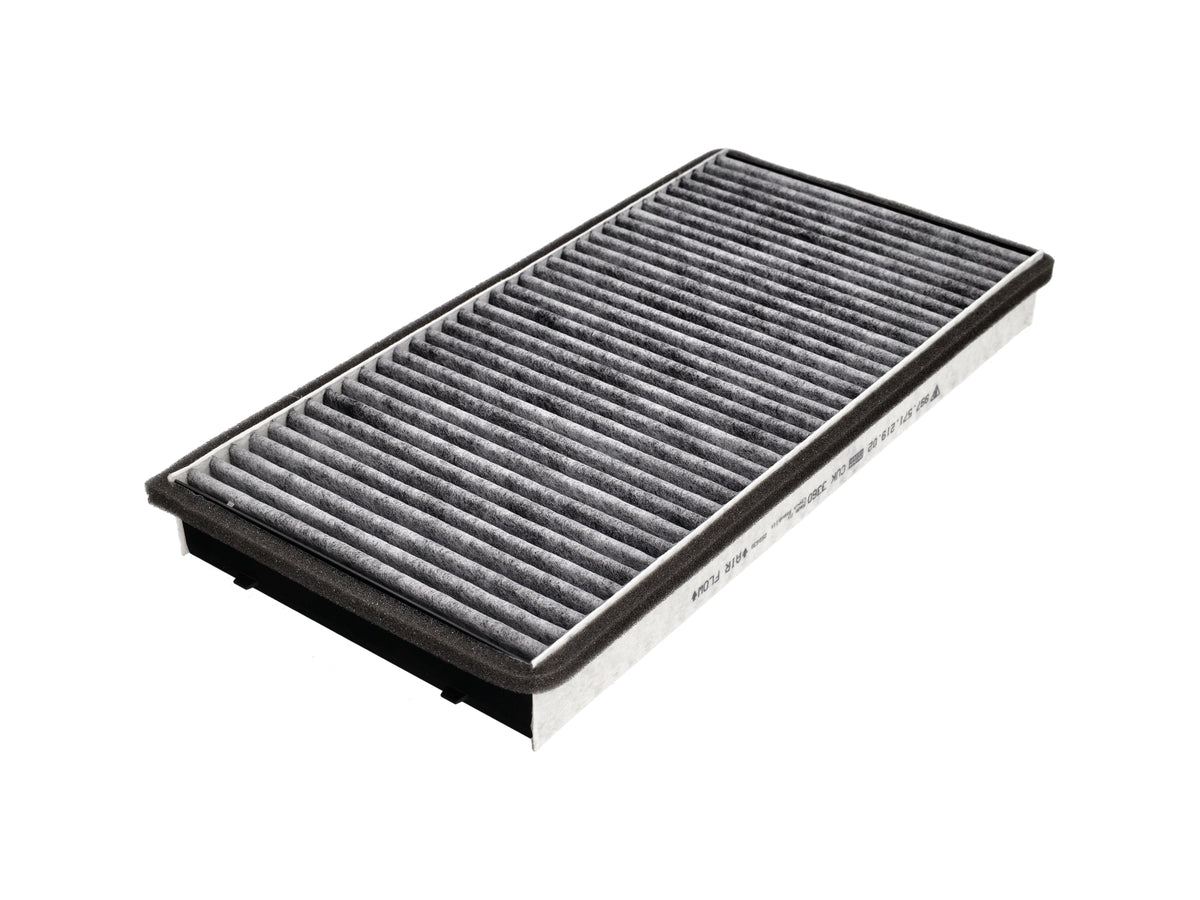 Genuine Porsche activated-carbon pollen cabin filter for Porsche 996 and 997 GT3 models, showing the filter’s carbon media.