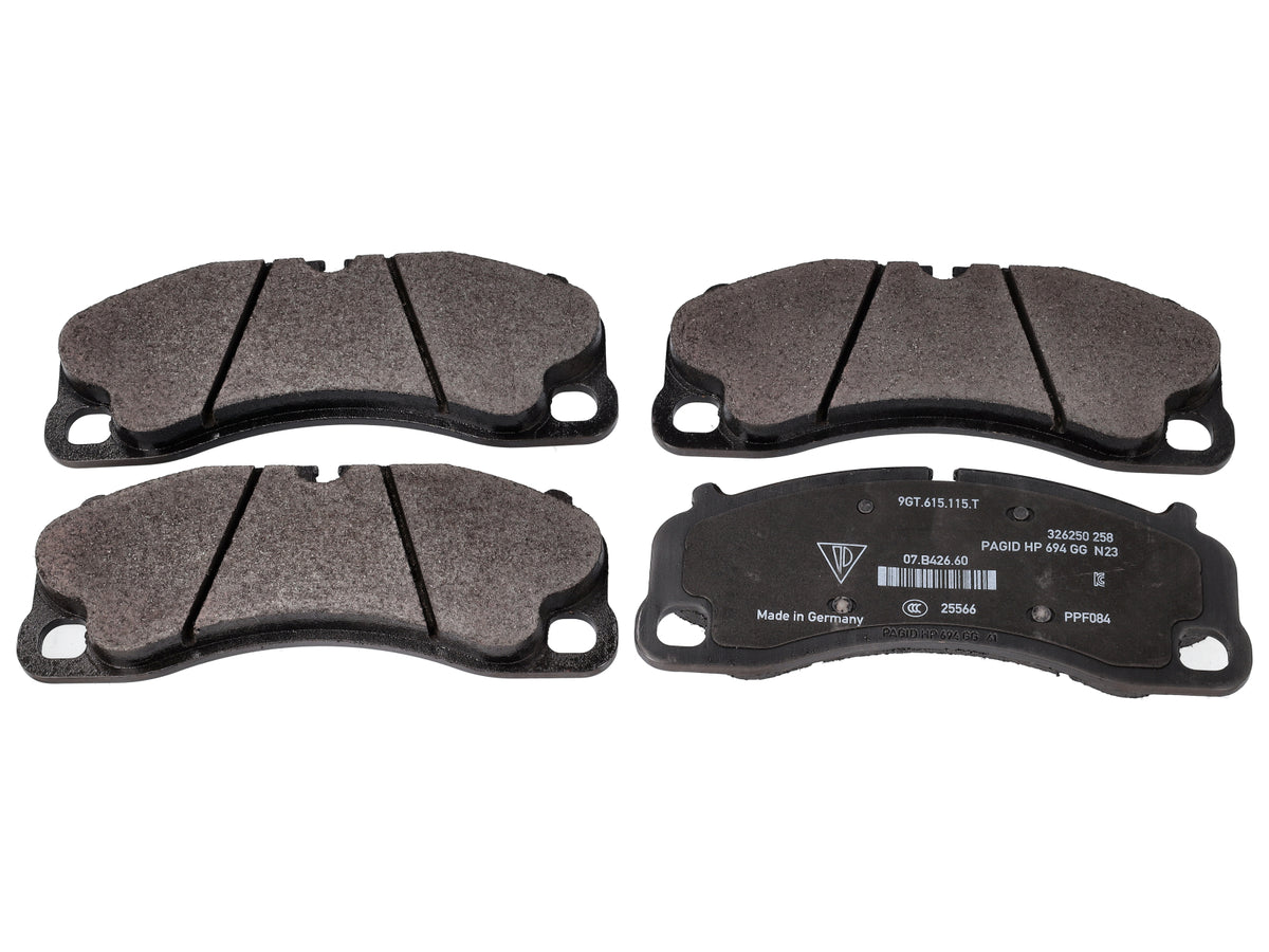 Genuine Porsche front brake pads for Porsche 992 GT3, RS, and 718 GT4 RS with metal backing and brake pad friction material.