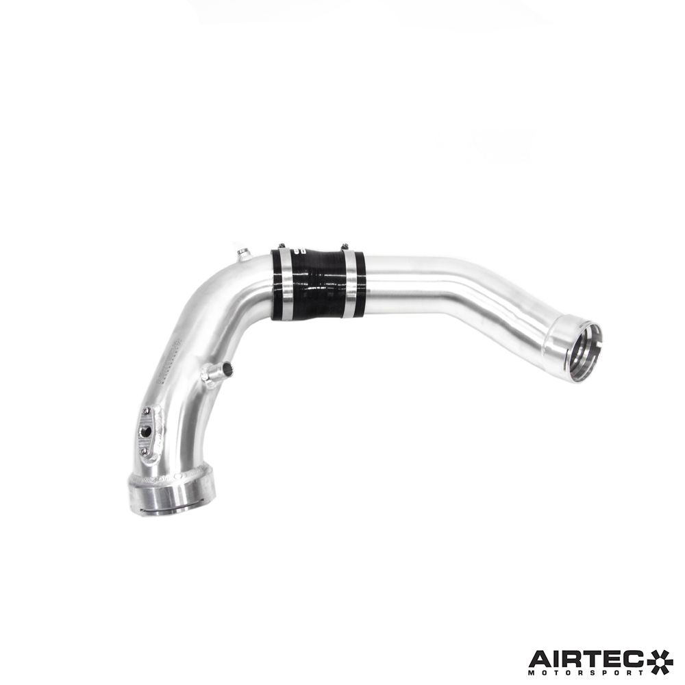 Airtec Motorsport cold side boost pipes for BMW N55 engine, black silicone hoses with metal clamps, installed on engine bay.