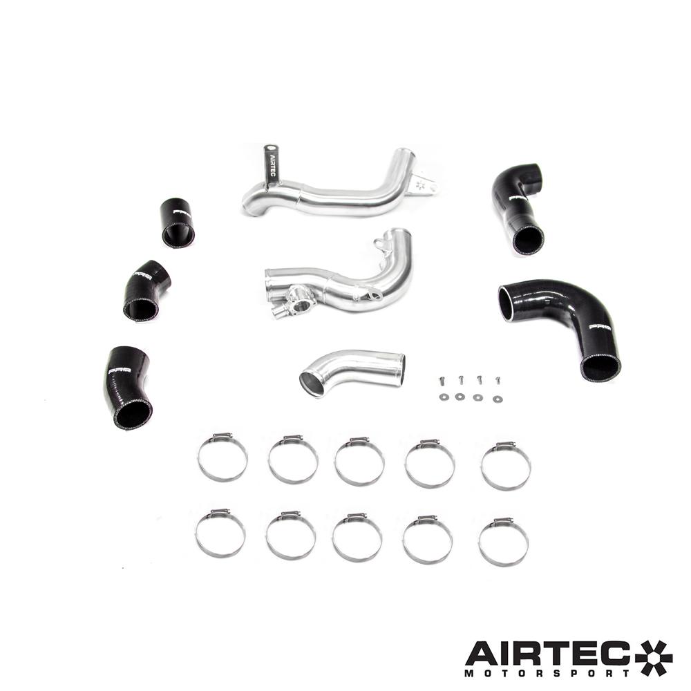 Airtec Motorsport MK8 Golf R big boost pipe kit hoses for EA888 Gen 4 engine, showing black silicone hoses and clamps.