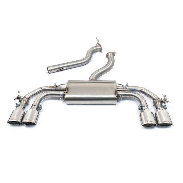 Cobra Sport Audi S3 8Y saloon GPF back performance exhaust with dual polished tips and valved design, mounted on vehicle rear.