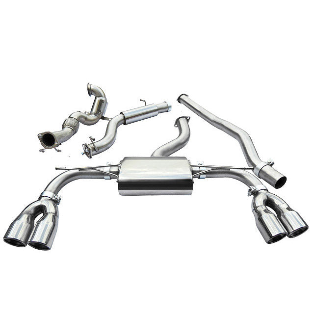 Cobra Sport Audi S3 8V Turbo Back Exhaust system for 5-door Sportback, non-valved, showing polished stainless steel pipes and tips.
