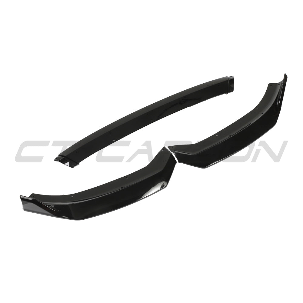 CT Carbon gloss black splitter for Audi A3 S-Line and S3 8V Facelift 2017-2020, front view showing sleek aerodynamic design.