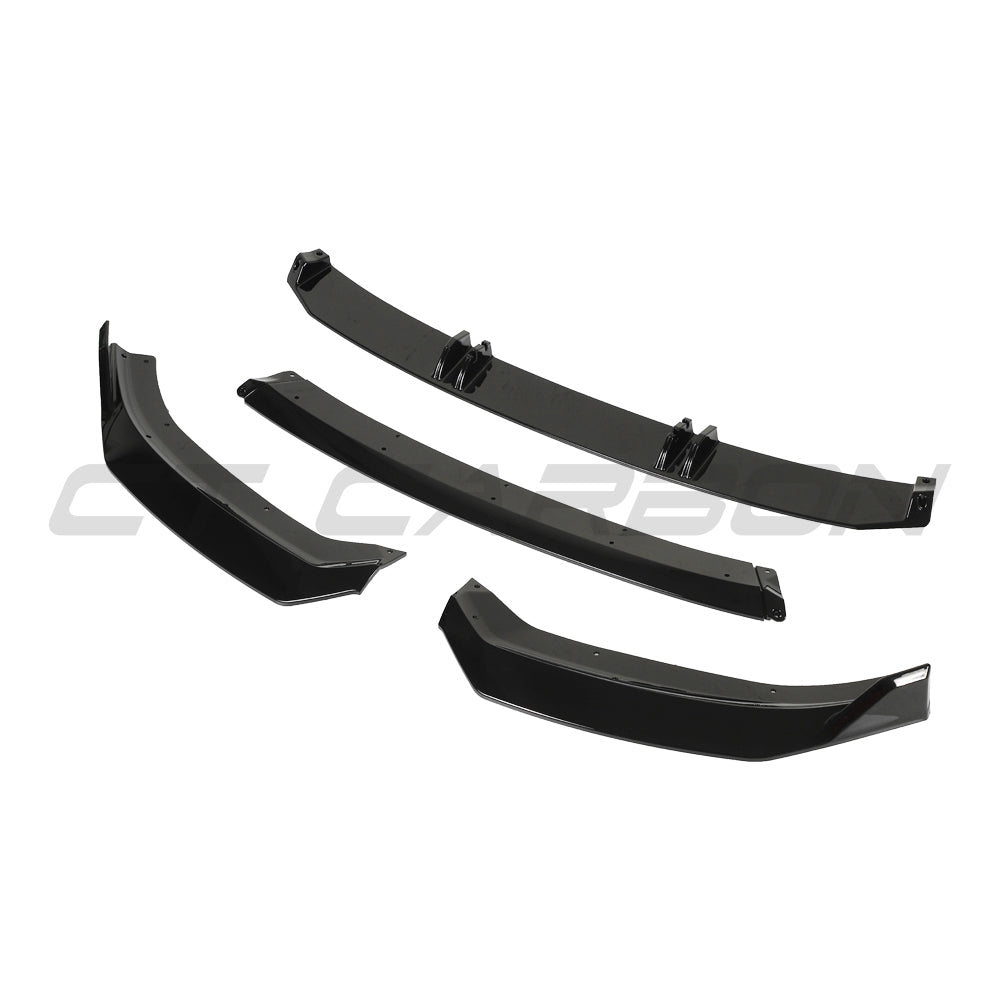 Gloss black splitter for Audi A3 S-Line and S3 8V facelift 2017-2020 by CT Carbon, V3 style, shown on the vehicle's front bumper.