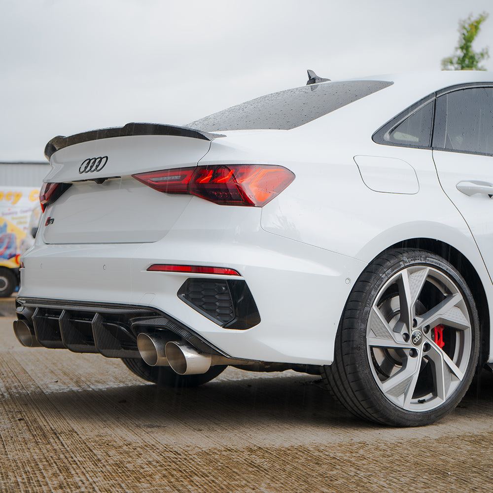 Full car carbon fibre kit for Audi A3/S3 8Y saloon by CT Carbon, showing front bumper, side skirts, and rear diffuser.