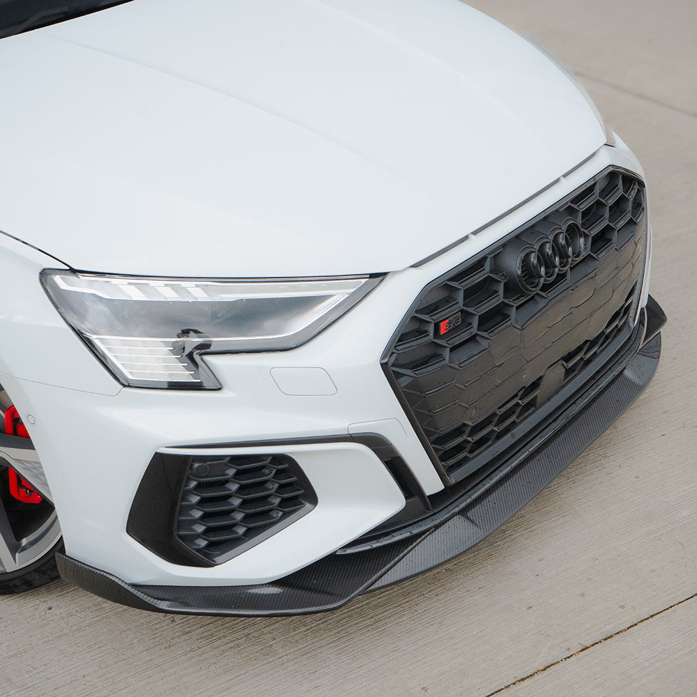 Full car carbon fiber kit for Audi A3/S3 8Y saloon by CT Design, showing front bumper, side skirts, and rear diffuser in gloss carbon finish.