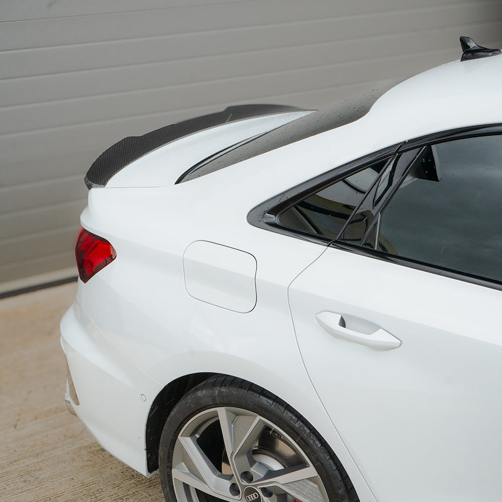 Full car carbon fiber kit for Audi A3/S3 8Y saloon by CT Carbon, includes front and rear components with a sleek finish.