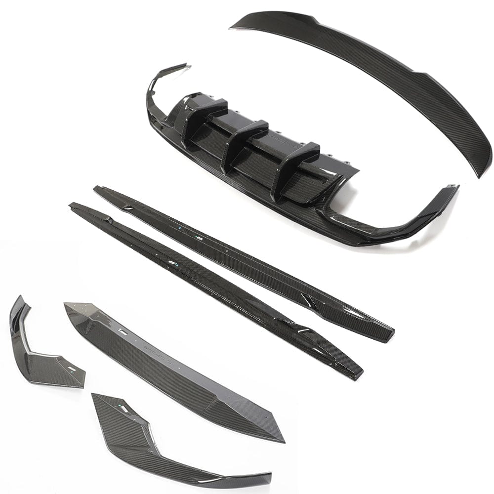 Full car carbon fiber kit for Audi A3/S3 8Y saloon by CT Carbon, including front bumper, side skirts, and rear diffuser.