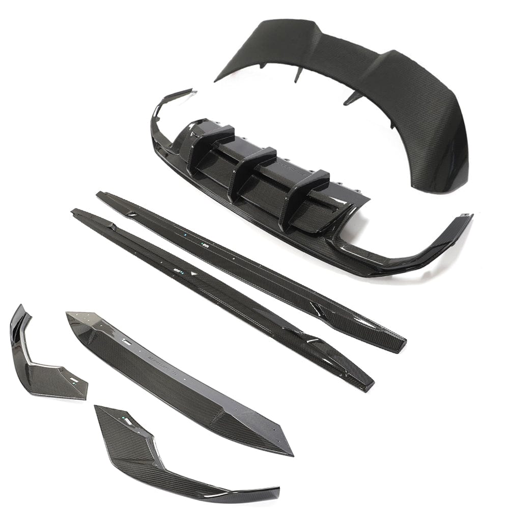 Full carbon fiber kit for Audi A3/S3 8Y Sportback by CT Carbon, including front and rear components with a sleek, glossy finish.