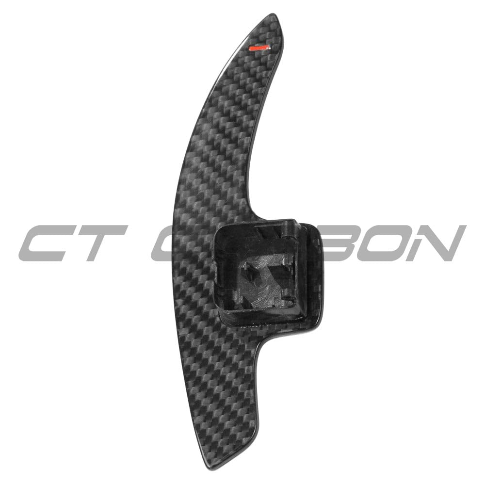 Carbon fiber shifter paddles for Audi A3, S3, RS3 8V models by CT Carbon, shown installed on the steering wheel.