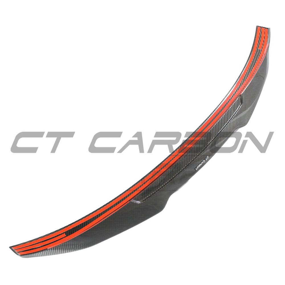 Carbon fiber spoiler for Audi A3/S3/RS3 8Y 2022+ saloon, CT Carbon V3, shown on a sleek saloon car with detailed fiber pattern.