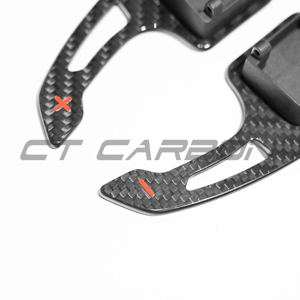 Carbon fiber shifter paddles for Audi A3, S3, RS3 8Y, RS6 C8 from CT Carbon, featuring sleek, lightweight design.