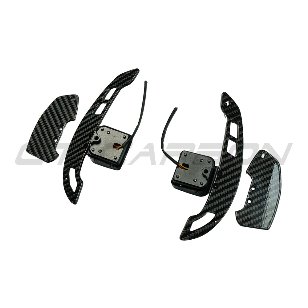 Audi A3/S3/RS3 and A4/S4/RS4 carbon fiber magnetic shifter paddles by CT Carbon, designed for 2014+ models.
