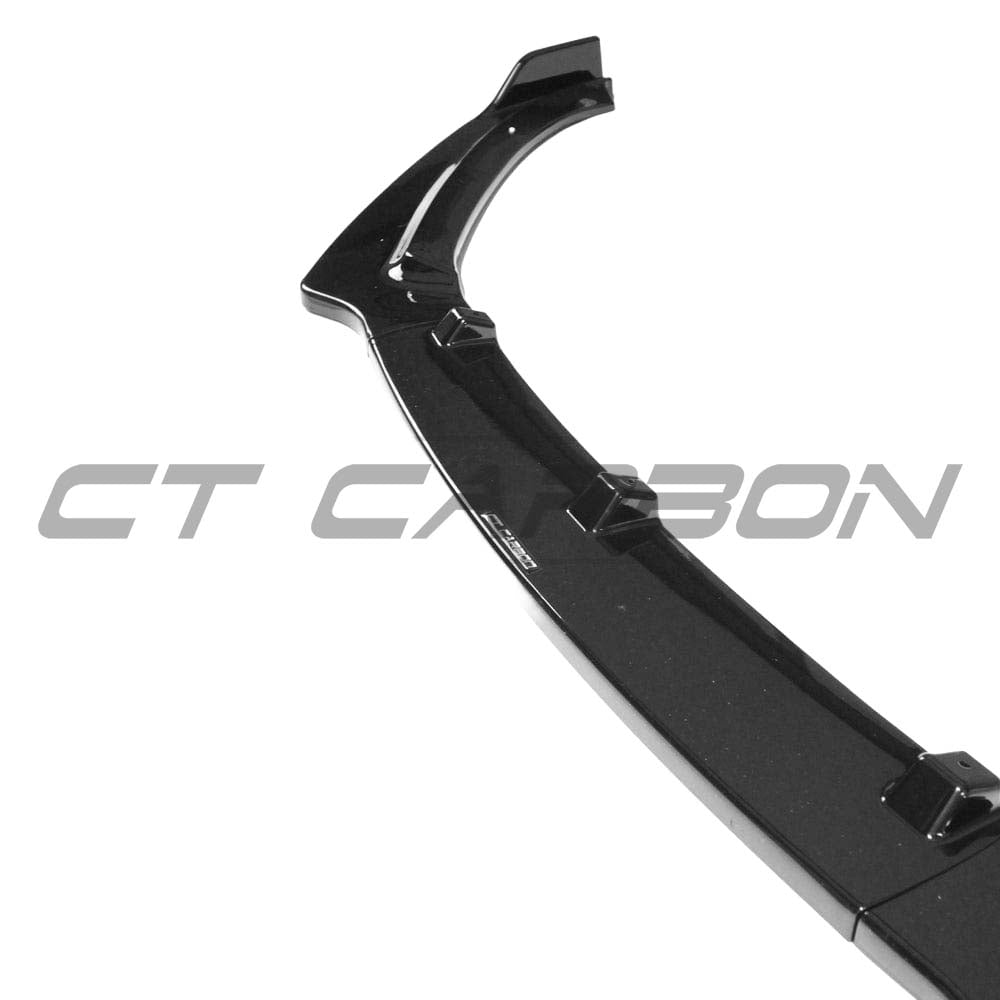 Gloss black splitter for Audi A4 S-Line and S4 B8.5 (2013-2015) by CT Carbon, showcasing aerodynamic design and installation details.