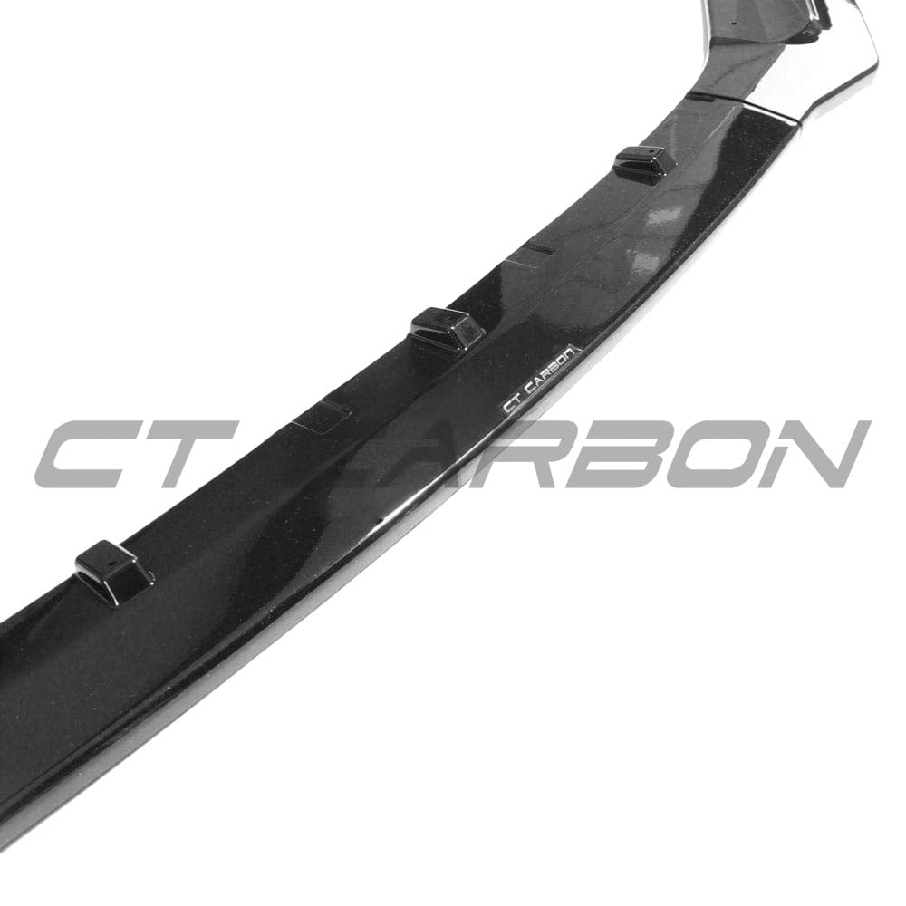 Gloss black splitter for Audi A5/S5 B9 (2016-2019) by CT Carbon, shown installed on the front bumper with a sleek finish.
