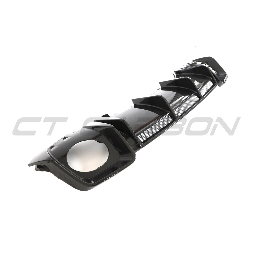 Carbon fiber diffuser for Audi R8 V10 Gen 2.5, manufactured by CT Carbon, shown with detailed textured finish.