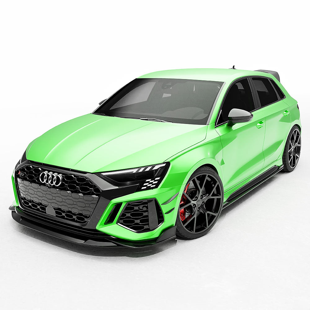 Carbon fibre front bumper canards for Audi RS3 8Y 2022-2024 by CT Design, shown on a sleek car front bumper.