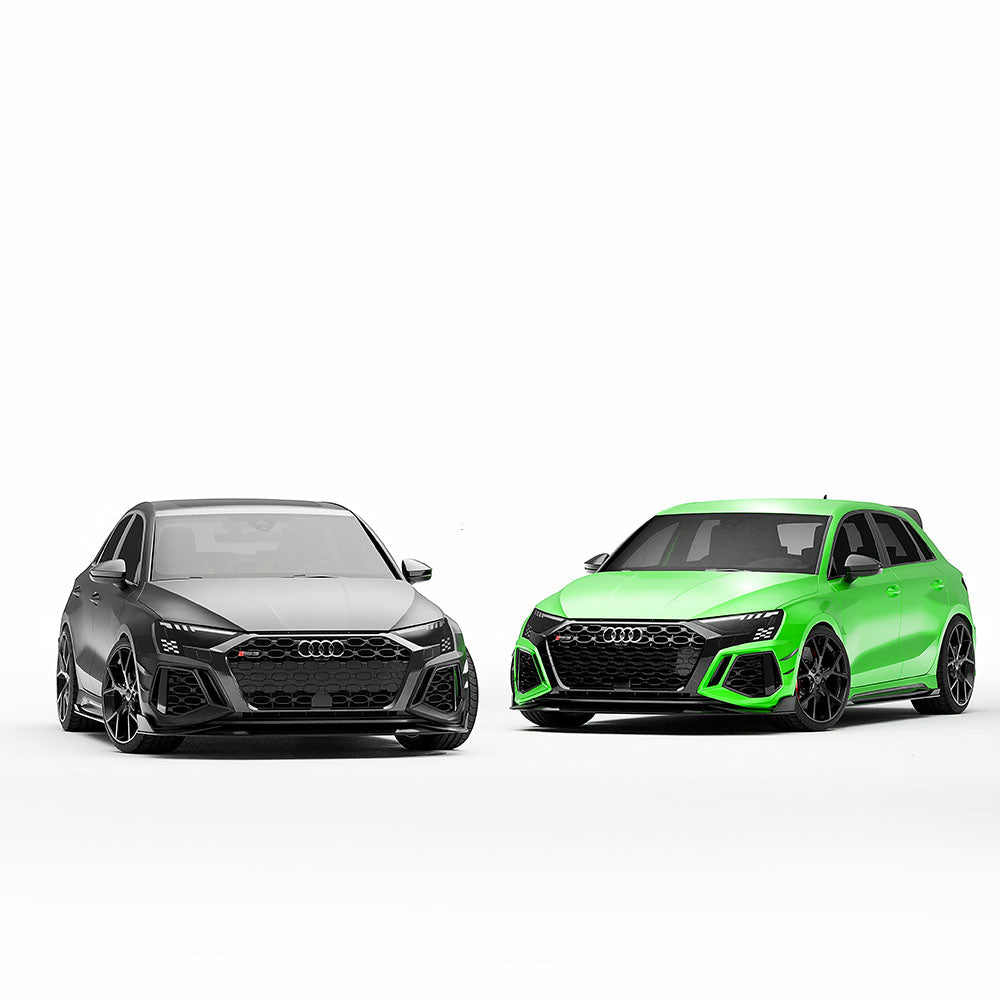 AUDI RS3 8Y 2022-2024 carbon fibre front bumper canards by CT Design, showing sleek aerodynamic design on the car's front bumper.