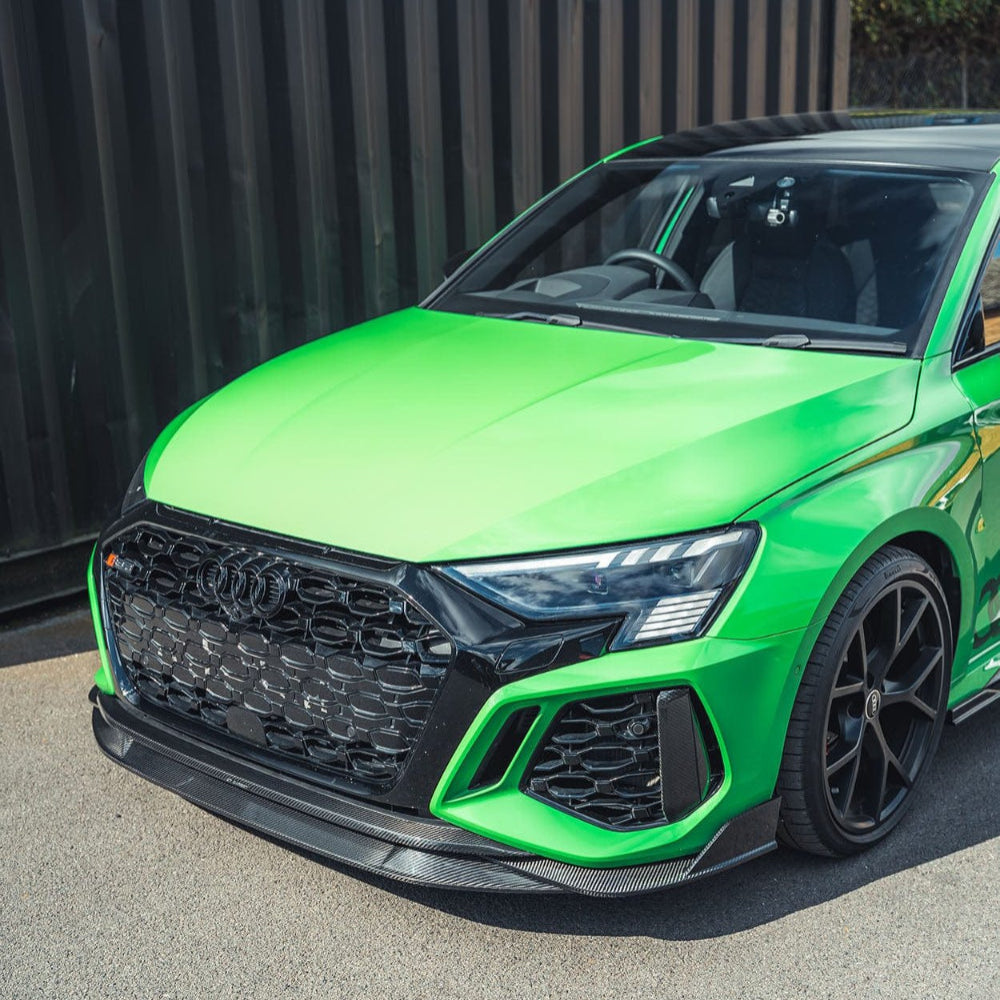 Audi RS3 8Y Sportback full carbon fibre kit by CT Design, featuring a carbon fibre splitter on the sporty hatchback.