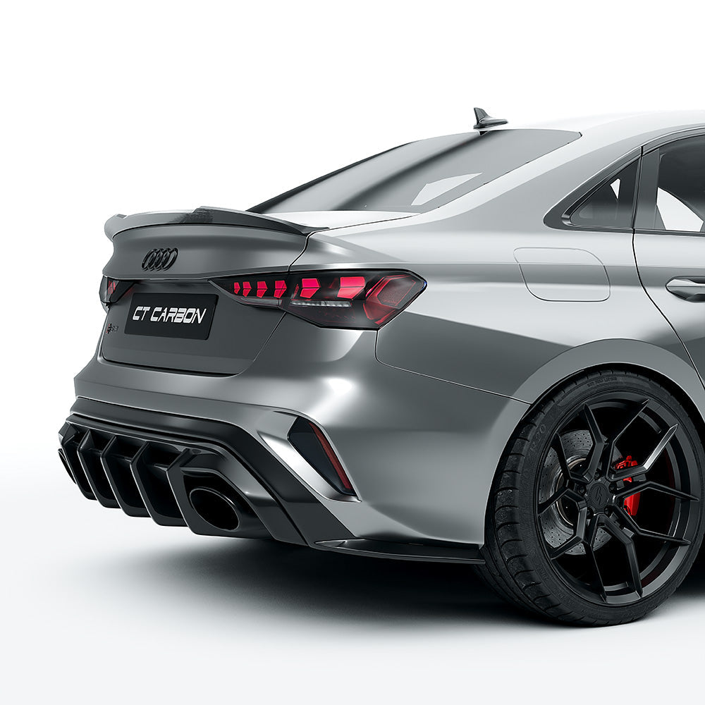 Full AUDI RS3 8Y 2025 facelift saloon car with CT Design full carbon fiber kit, showing sleek exterior parts and finish.