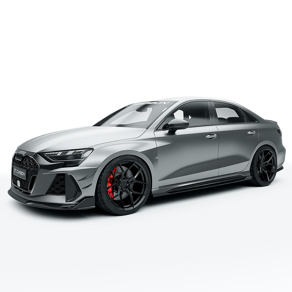 Full Audi RS3 8Y 2025+ facelift saloon carbon fibre kit by CT Design, showcasing sleek, lightweight carbon fiber parts fitted on the car.