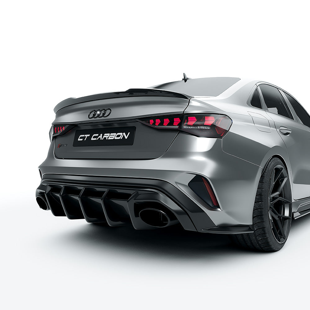 Full view of CT Design carbon fiber kit for Audi RS3 8Y 2025 facelift saloon, showcasing lightweight, high-quality carbon fiber components.