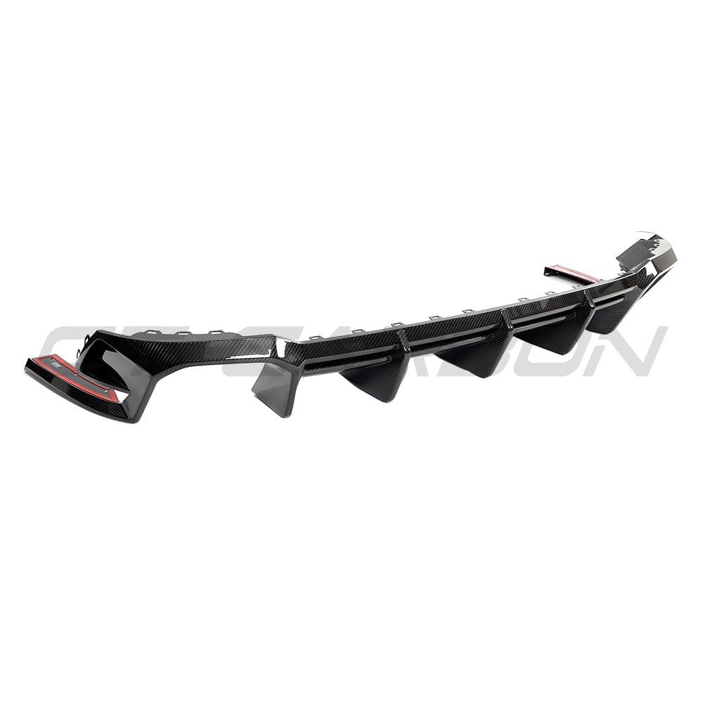 Carbon fiber diffuser for Audi RS4 B9 and B9.5 2016-2024 by CT Carbon, showcasing sleek, textured carbon fiber surface and aerodynamic design.