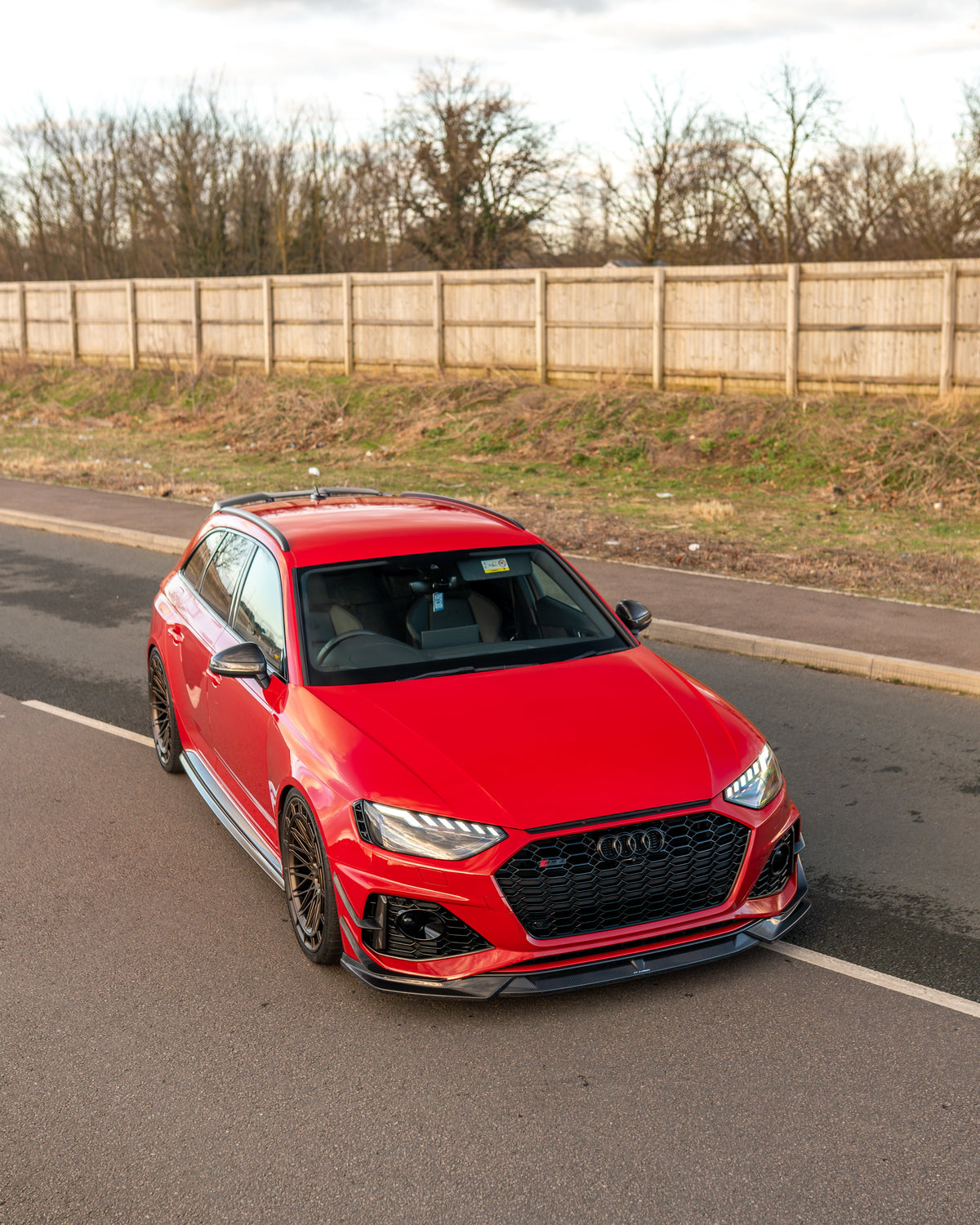Audi RS4 B9.5 carbon fiber splitter from CT Design, featuring a sleek, aerodynamic front splitter with visible carbon fiber texture.
